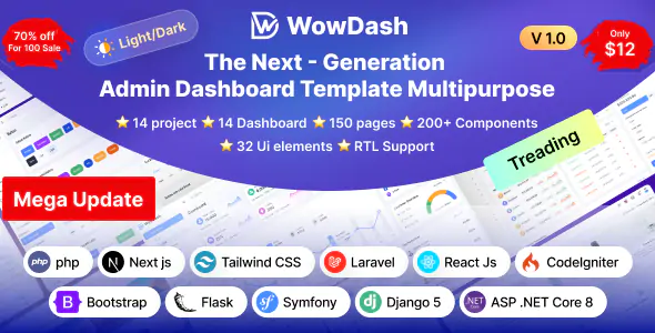 WowDash - Tailwind, Bootstrap, React, Next, Django, Php, Laravel ASP.net Admin Dashboard